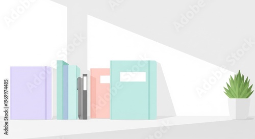 Pastel Books on White Shelf with Sunlight and Green Potted Plant