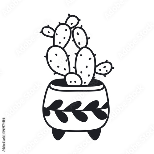 Potted cactus black doodle illustration on white background. Suculente in clay pot for home and office, vector graphic