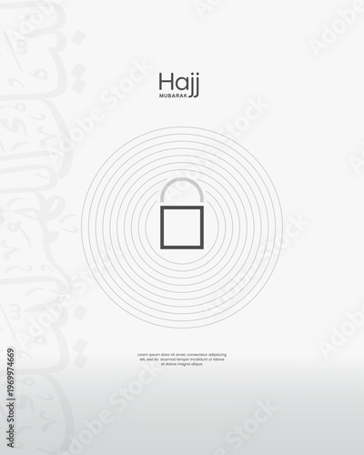 Ultra minimalist Hajj Mubarak vertical poster featuring a simple Kaaba line art icon with circular ripples and faint grey talbiyah calligraphy.