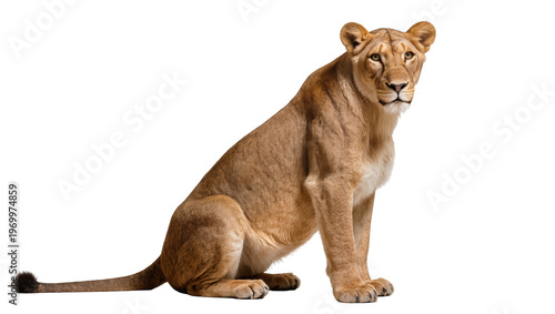 Photography Sitting tawny lioness alert gaze golden fur, powerful feline predator