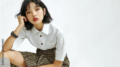 Minimalistisches Fashion Porträt einer jungen Frau in moderner Kleidung. Klare Studioästhetik mit reduziertem Hintergrund, weichem Licht und natürlicher Pose mit Fokus auf Stil und Ausdruck.