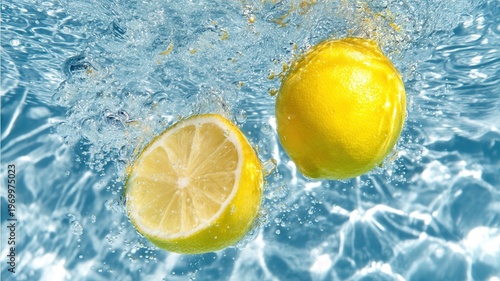 Fresh yellow lemons splashing in cool blue water, creating a refreshing and summer concept drink healthy