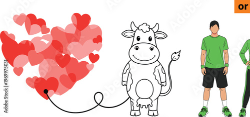Heart shape made of red love hearts with cute cartoon cow outline and casual man character vector illustration set