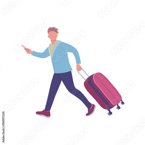 Man running with a suitcase isolated on a white background. Concept of hurry, travel, deadline and rush. Modern flat illustration representing business lifestyle, urgency and fast movement.