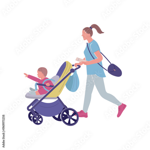 A young mother walking fast with a baby stroller, hurrying along the street with her child. A modern lifestyle scene   