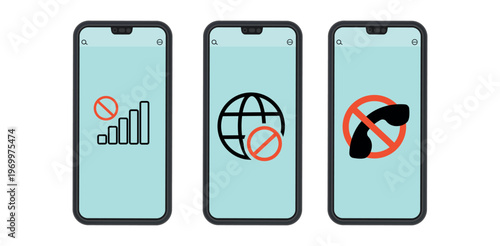 Set of smartphone screens with no connection icons, including no signal, no internet and no phone call symbols.  