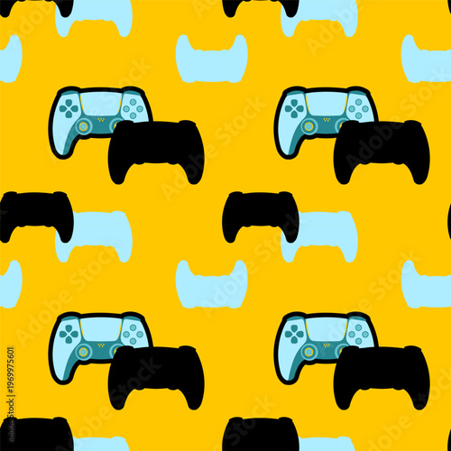 Seamless repeating pattern of blue and black game controllers on a bright yellow background, playful gaming design ideal for wallpapers, textiles, packaging, web backgrounds and gamer merchandise