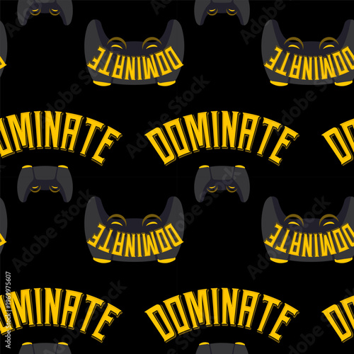 Bold seamless pattern featuring yellow DOMINATE lettering and black gaming controllers, evoking competitive esports energy and victory ideal for gamer branding, wallpaper, packaging and backgrounds