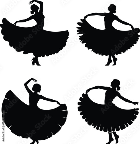 Dancing Women Silhouettes Collection Vector Illustration Set in Dynamic Poses for Cultural Dance Performance Graphic Design Elements
