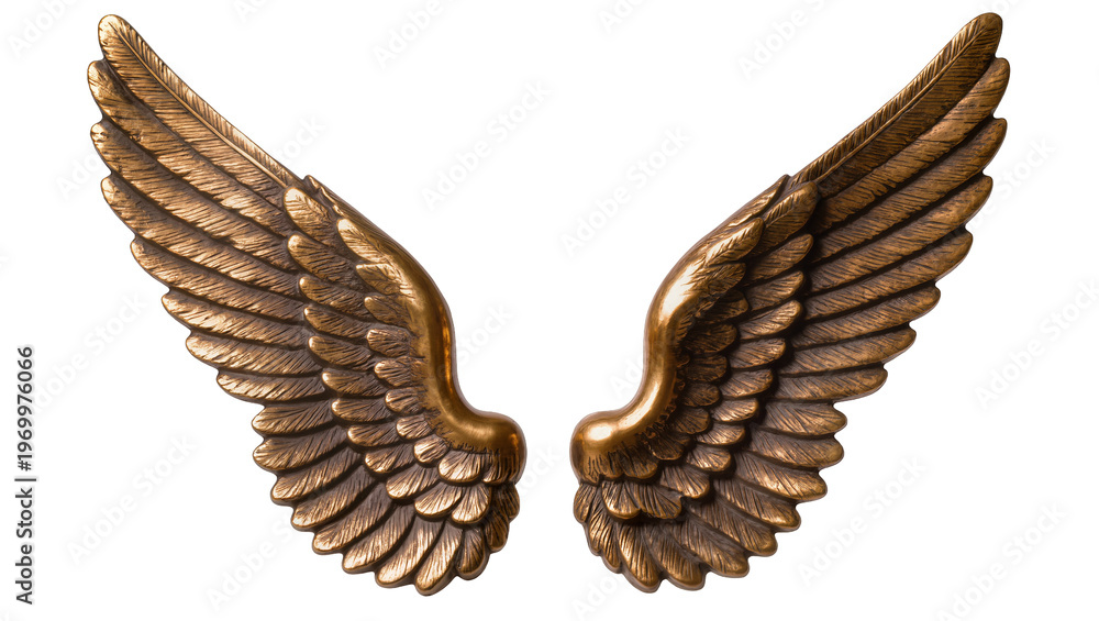 Fototapeta premium Detailed bronze feathered wings, intricately sculpted with layered plumage and golden highlights