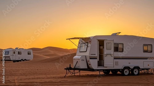Desert Caravan Camp at Sunset: Two trailers parked in sand dunes under a warm orange sky.