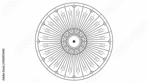 Intricate line drawing of a symbolic wheel with numerous radiating spokes and a detailed central hub.