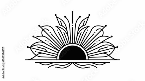 Elegant linear illustration of a stylized rising sun with decorative rays and botanical flourishes, in a minimalist black and white design.