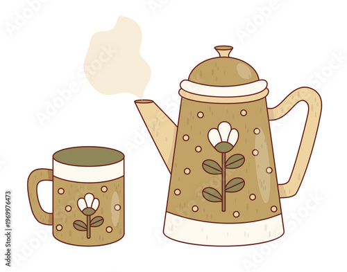 Artisan Scandi Coffee Pot and Mug. Hand Drawn Ceramic Kitchenware with Floral Pattern. Isolated Cozy Pottery Pair for Morning Ritual and Cafe Branding. Vector Illustration.