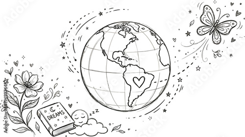 A black and white illustration of a globe with a heart on south america surrounded by a book of dreams, a butterfly, and a flower