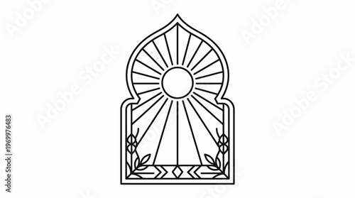 Elegant linear illustration of an arched window with a sunburst design and decorative floral elements, evoking a sense of traditional architecture and light.