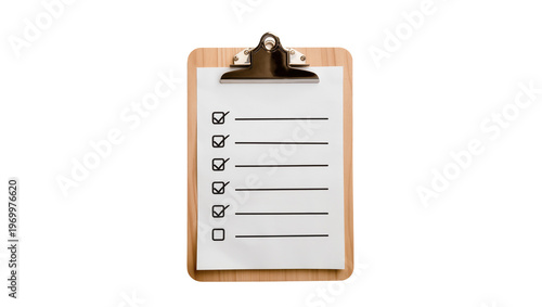 Foto Wooden clipboard holding checklist with several ticked boxes, one blank