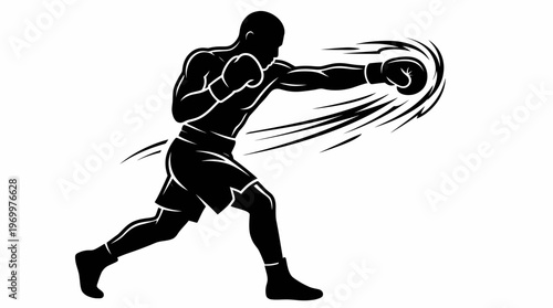 Dynamic black and white silhouette of a boxer throwing a powerful punch with motion lines, representing strength and speed in combat sports.