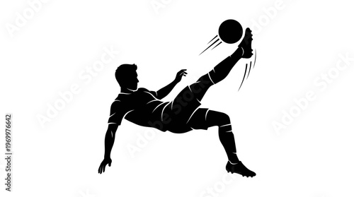 Dynamic silhouette of a soccer player executing an overhead bicycle kick with a ball in motion against a white background.