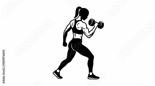 Dynamic black and white illustration of a strong woman performing a bicep curl with a dumbbell, showcasing fitness and strength.