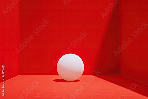 A minimalist scene featuring a single white sphere centered in a vibrant red room