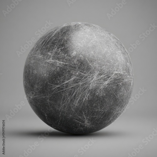 Grayscale close-up of a heavily scratched, dark, textured sphere on a smooth surface
