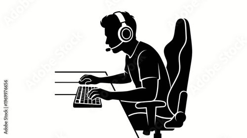 Silhouette of a person wearing a headset and typing on a keyboard at a desk, sitting in a gaming chair.
