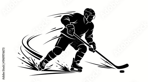 Dynamic black silhouette of an ice hockey player skating fast and stickhandling a puck on the ice.