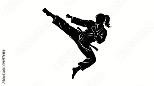 Dynamic silhouette of a female martial artist performing a powerful high kick in a traditional gi.