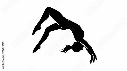 Dynamic silhouette of a female gymnast performing an acrobatic backbend or handspring, showcasing flexibility and strength.