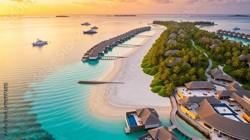 Aerial View of Luxury Tropical Resort Island at Sunset, Overwater Bungalows, Turquoise Water
