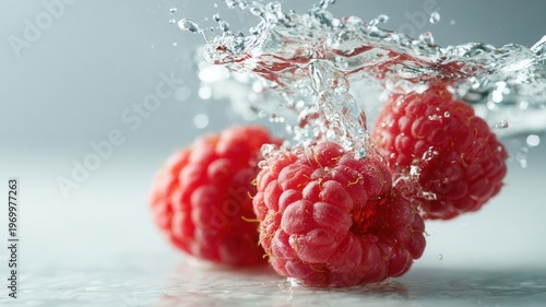 Fresh raspberries splashing in clear cool water on a white background, symbolizing freshness, healthy summer eating fruit