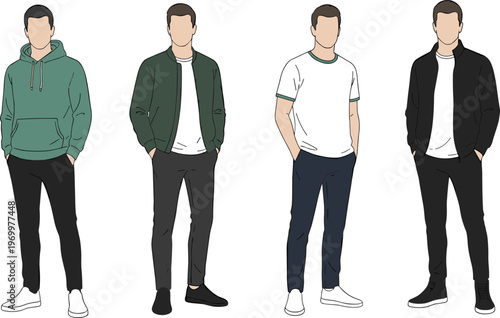 Men fashion collection featuring male characters in casual streetwear outfits including hoodie bomber jacket and tshirt vector.