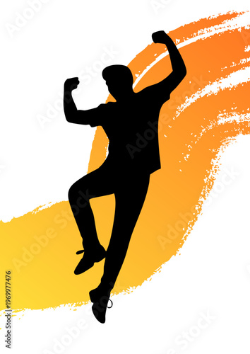 Energetic Jumping Dancer Silhouette With Orange Splash, Dynamic Dance Pose Black Silhouette Vibrant Background, Abstract Sport Motion Figure With Orange Yellow Brush Stroke, Creative Dance Action Silh