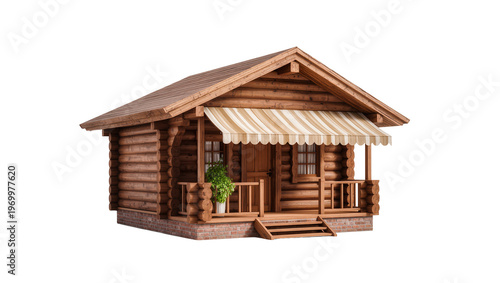 Canvastavla Rustic log cabin featuring wooden facade brick foundation, and striped awning