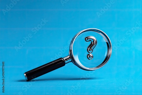 A magnifying glass focuses on a shiny silver question mark against a vibrant blue background