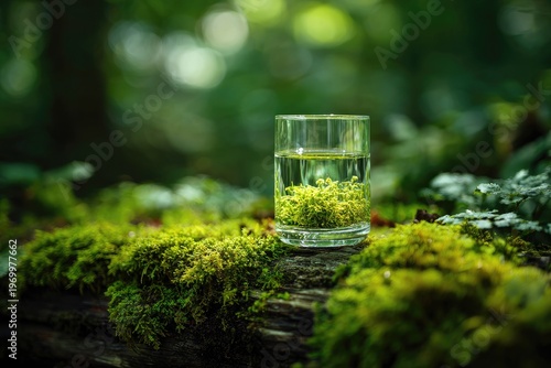 A clear glass with moss and water sits on a mossy log in a vibrant green forest