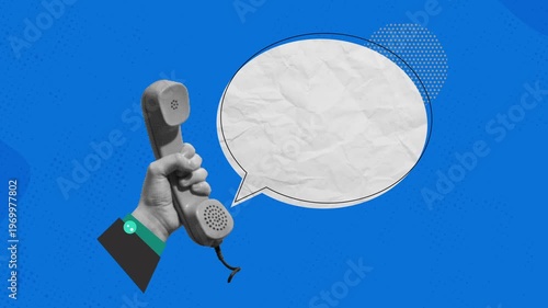 Creative modern art collage of a hand holding a retro phone with bubble chat