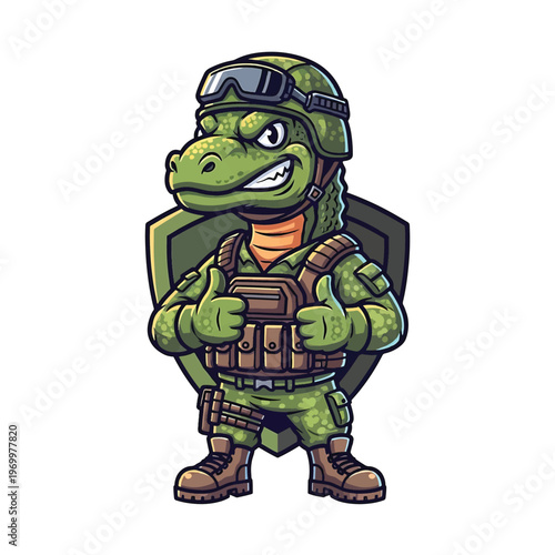 Green reptile soldier in tactical gear with shield and helmet