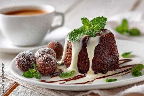 Gourmet chocolate dessert with white sauce, mint, and round pastries, coffee cup