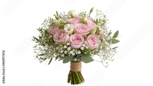 Obraz na plátně Delicate pink roses baby s breath, and green foliage arranged in a rustic twine-