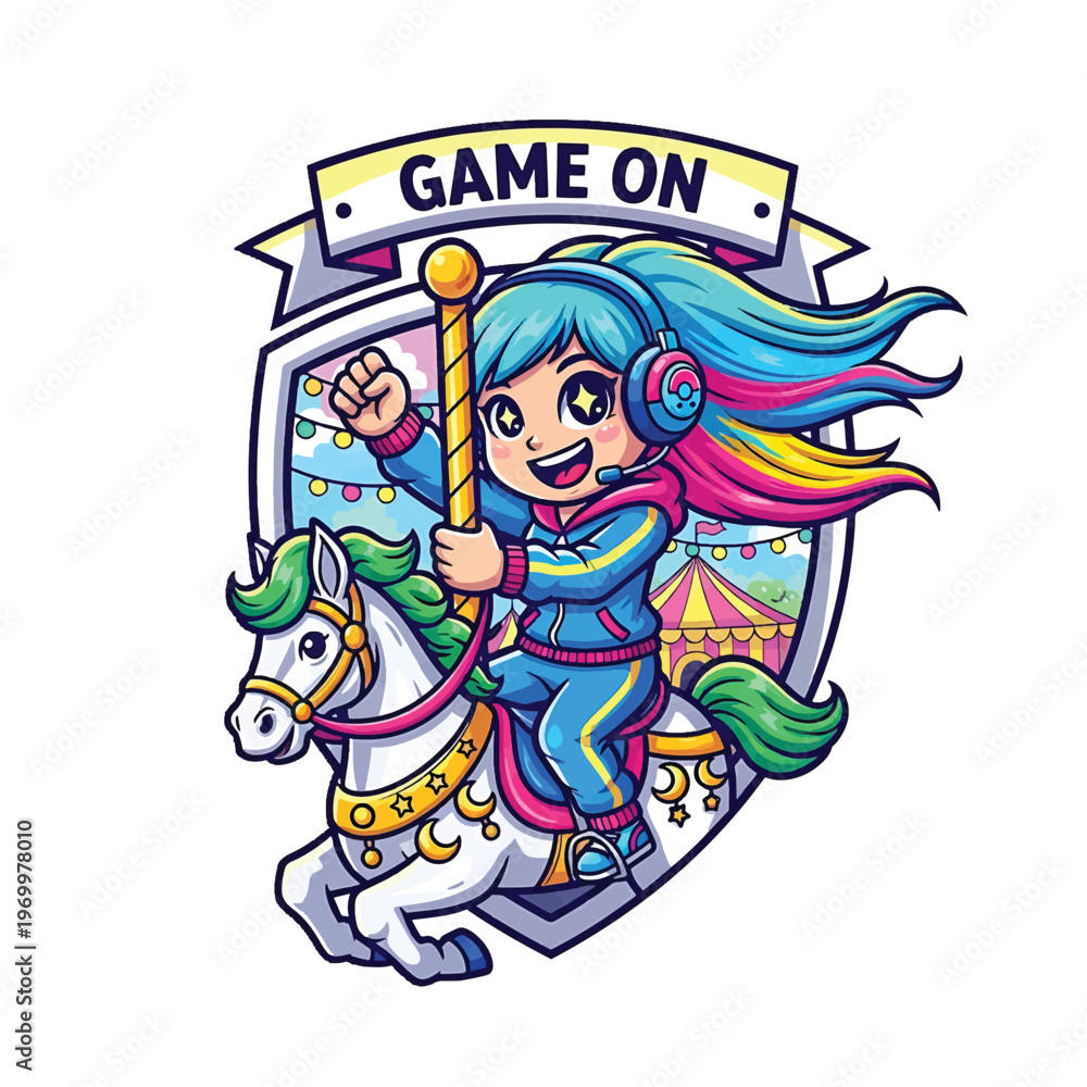 Fototapeta premium Child rider on a white horse holding a baton with Game On banner