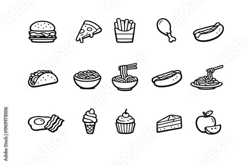 Food Icons Set – Minimal Line Vector Collection of Fast Food and Desserts Isolated on Transparent Background