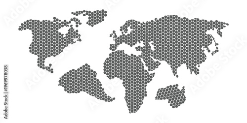 Abstract world map silhouette constructed from geometric hexagon pattern vector illustration for global business and technology concepts