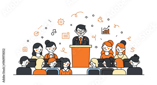 Academic keynote speaker giving a presentation to a diverse audience in a lecture hall for education and professional development