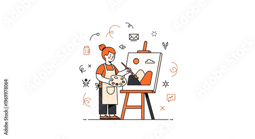 Young female artist painting art on easel with brush and palette in studio workspace illustration scene