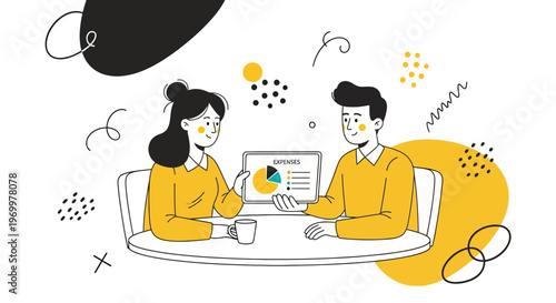 Man woman sit at desk plan budget use app tablet see chart on app now