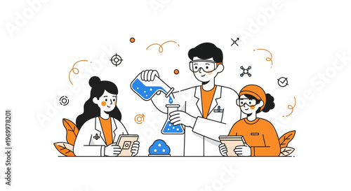 a group of three people in lab coats do work with blue glass jars now