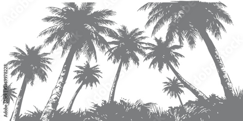 Hand drawn engraving style palm trees forest landscape sketch isolated on white background vector illustration