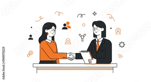 Professional recruitment manager shaking hands with job seeker candidate during career fair networking event at booth